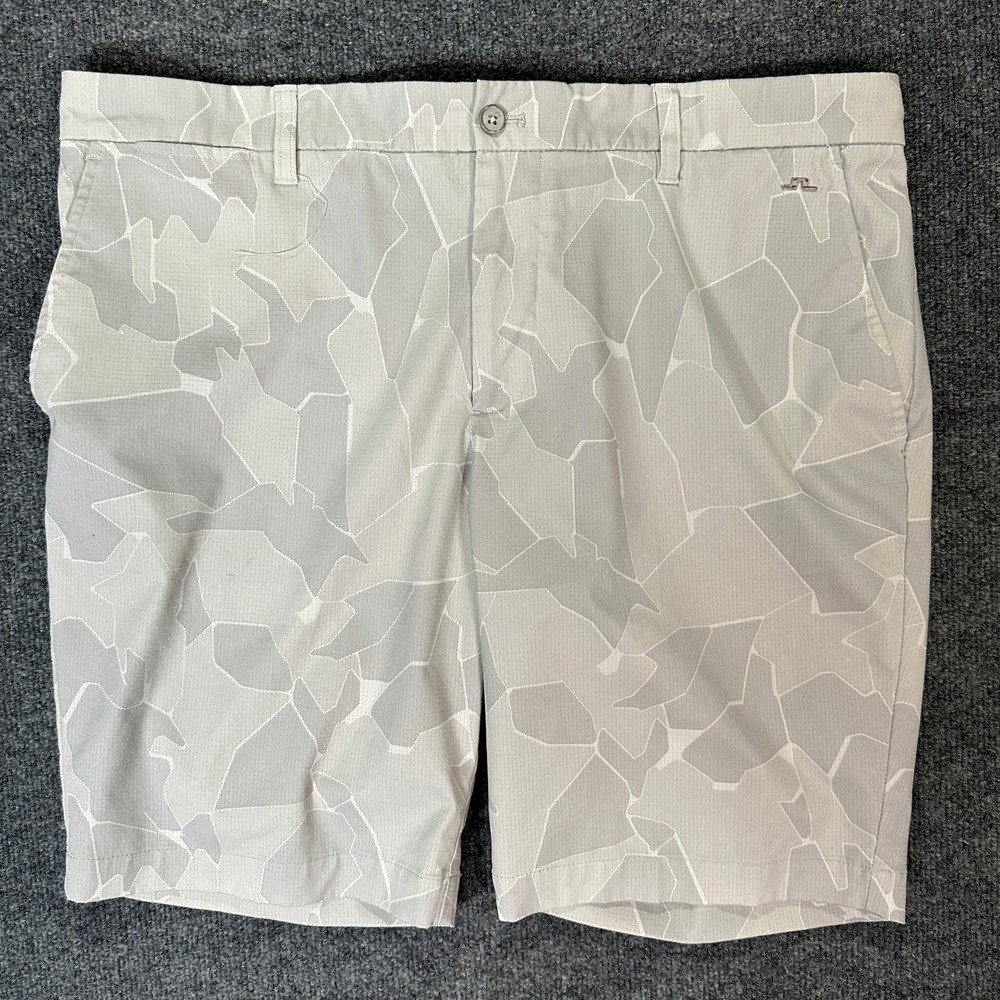 J.Lindeberg Tim Golf Shorts Mens Size 36 Grey Geometric Camo Performance 10"